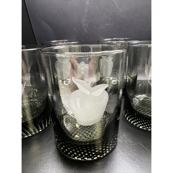 Smoke Gray Lowball Old Fashioned Etched Fruit Juice Barware Whiskey Set Of 5 - Picture 5 of 14